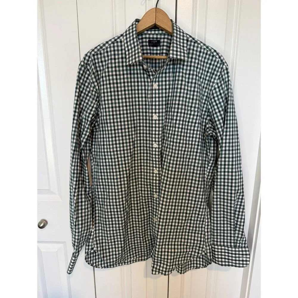 J. Crew Mens Dress Shirt button Down Thompson Wrinkle Free L Green/Back Plaid